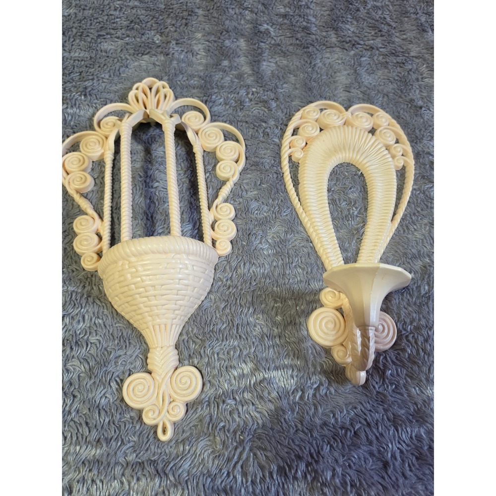 Vtg Burwood Wall Decor Set pink Faux Wicker Planter & Candle Sconce